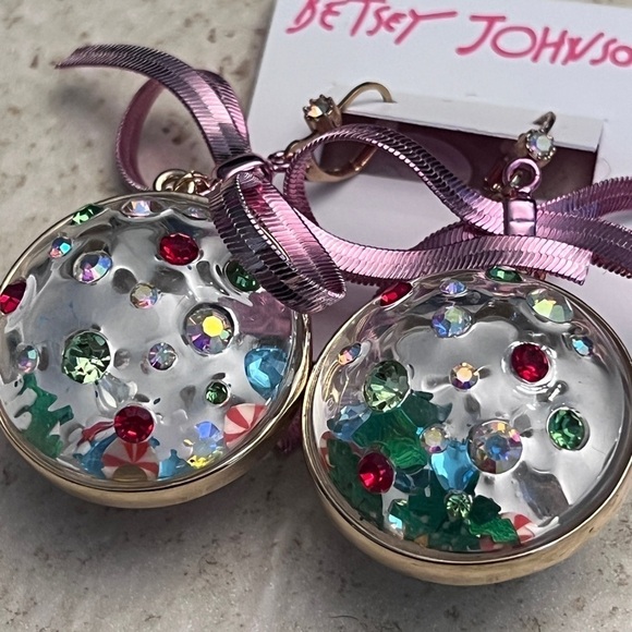 Betsey Johnson Lucite Rhinestone Dangle Christmas bulb Earrings NEW - Picture 3 of 6